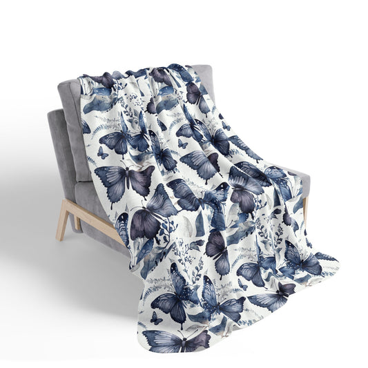Navy Butterfly Sherpa Blanket – Watercolor Morpho Print Plush Fleece Throw