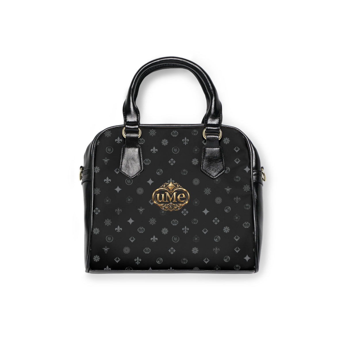 Elegant Black UME Monogram Shoulder Handbag — Gold Crest Accent