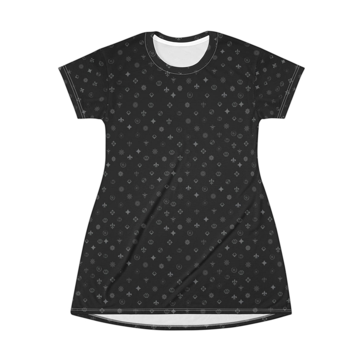 Black All-Over Print T-Shirt Dress — Subtle Monogram Pattern