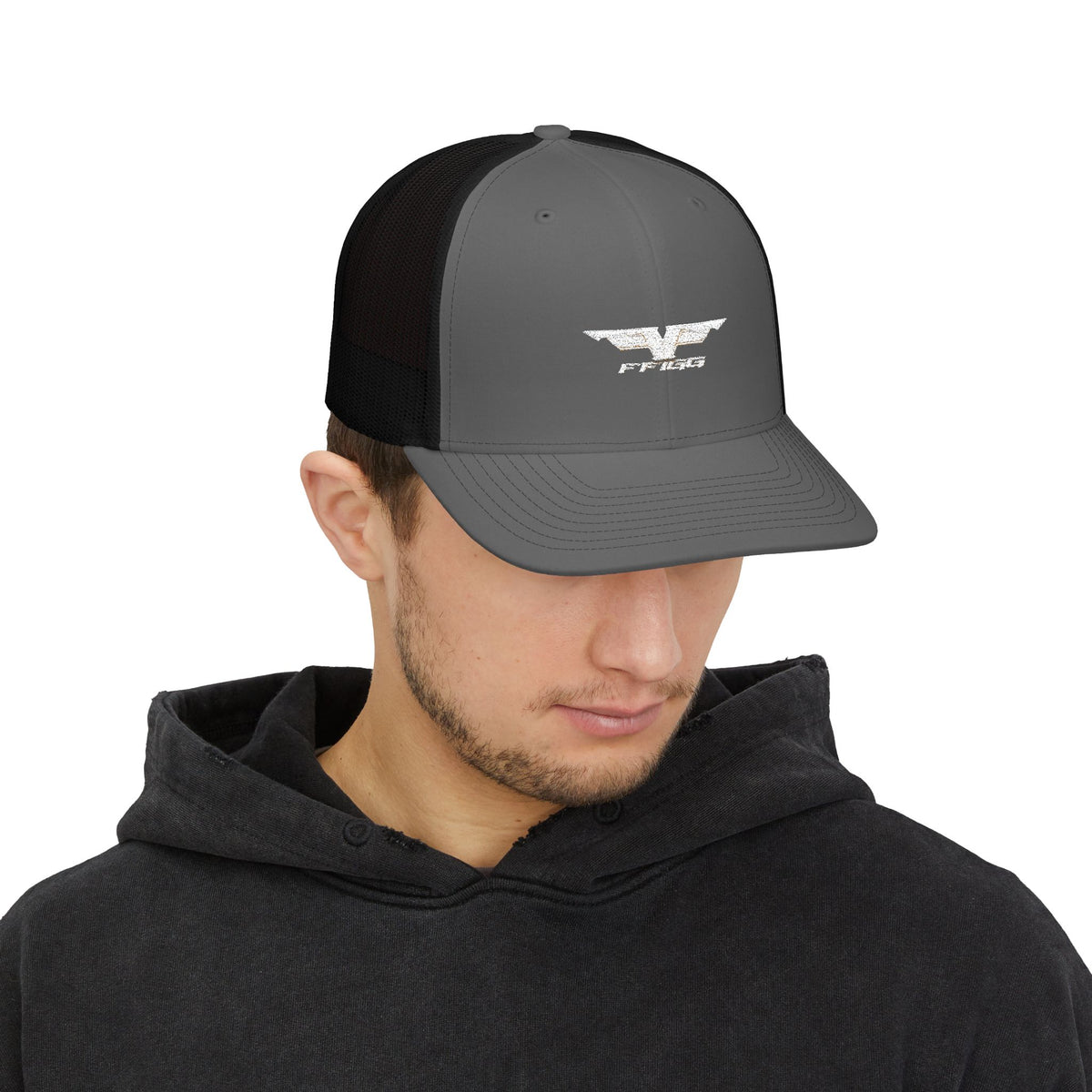 FFiGG Embroidered Snapback Trucker Cap — Black, Grey & Loden
