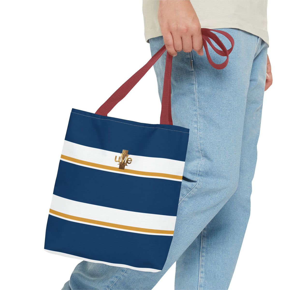 LIVE Cross Tote Bag — Navy & White Stripes with Gold Motif