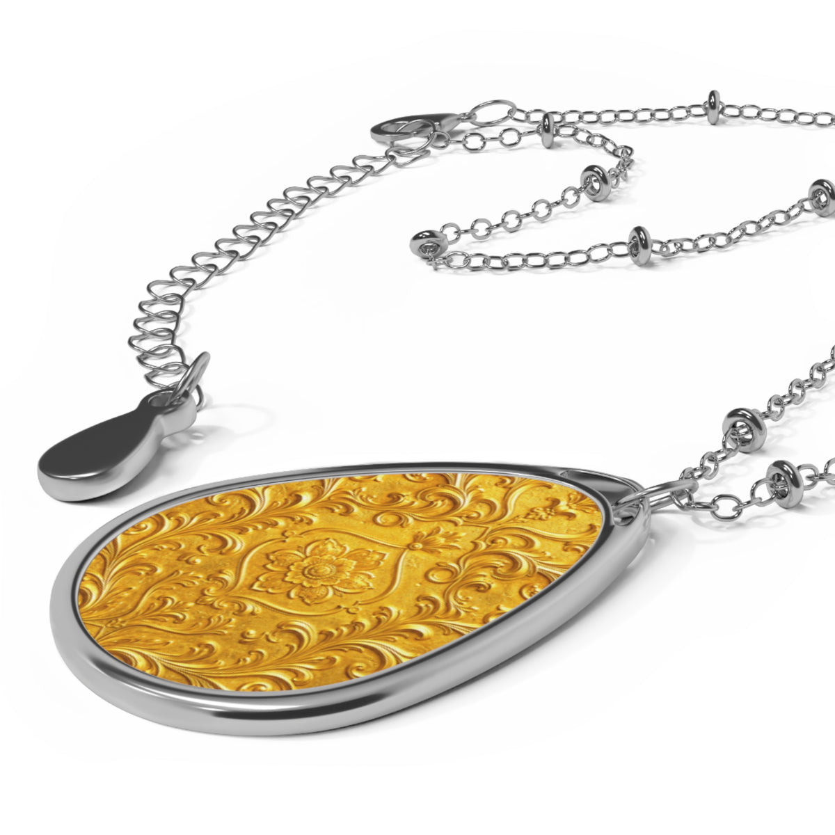 Golden Yellow Floral Teardrop Pendant Necklace — Silver-Colored Frame & Scroll Print
