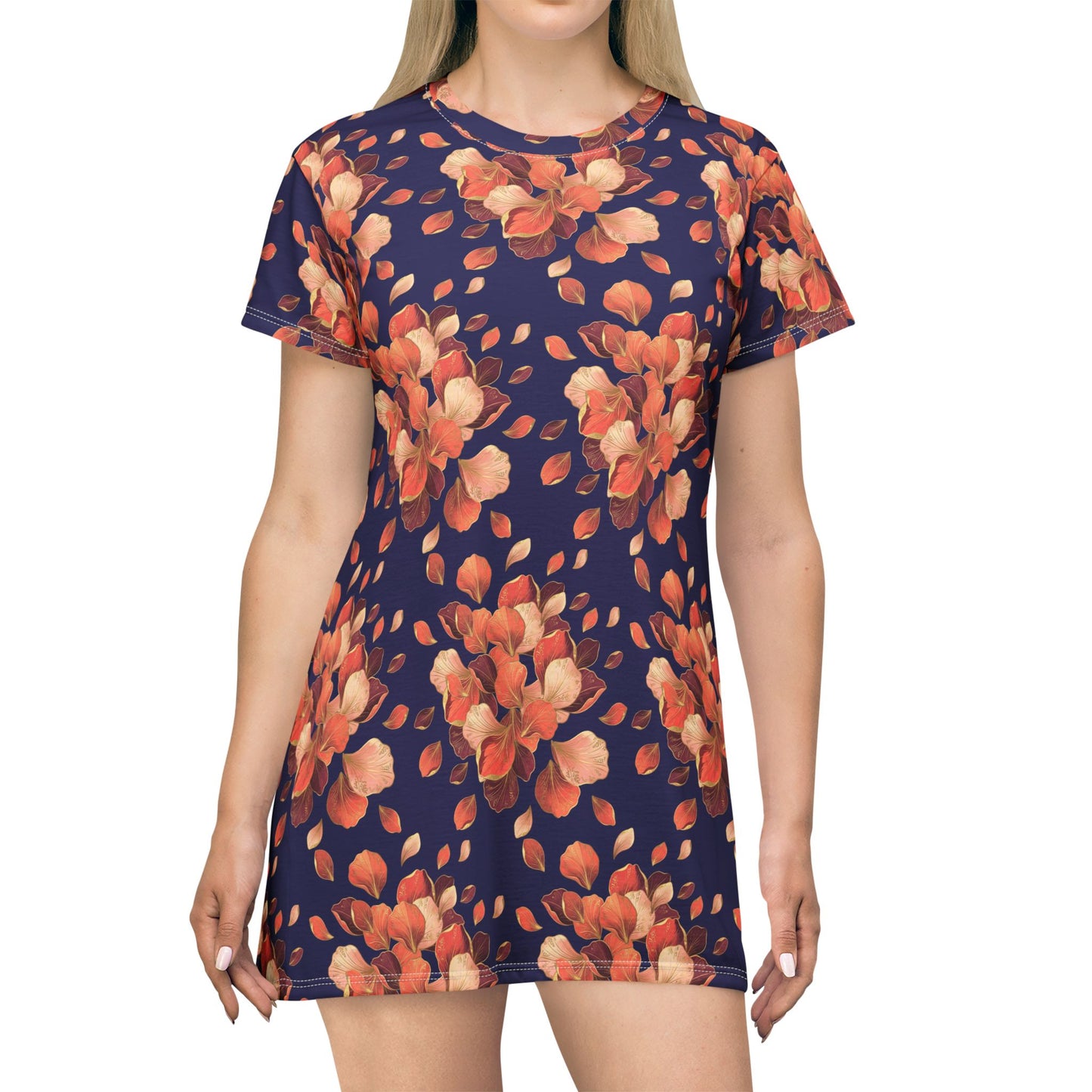 Floral AOP T-Shirt Dress — Navy Orange Watercolor Blossom Print