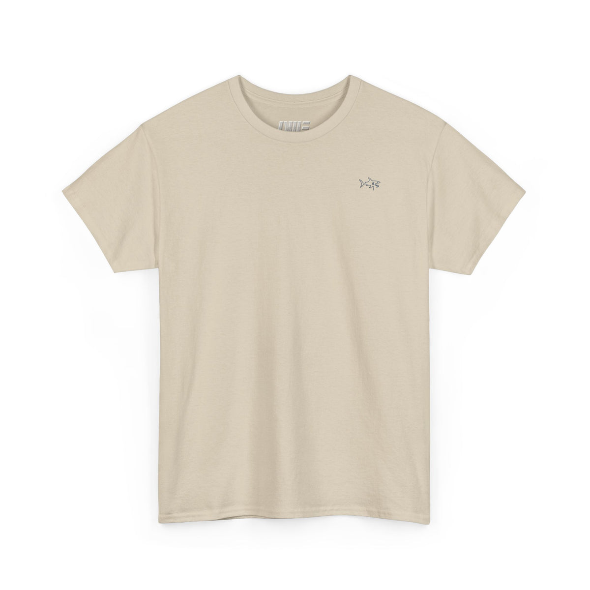 Minimalist string design Fish Tee — Small Chest Fish & Back 'OWE' Graphic