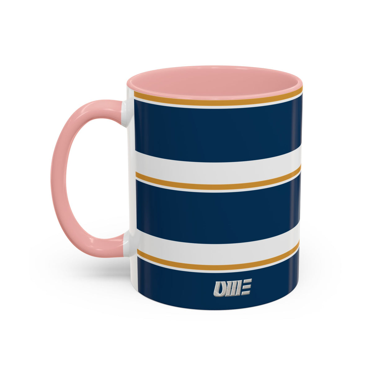 Navy and Gold Striped Accent Mug — White Ceramic