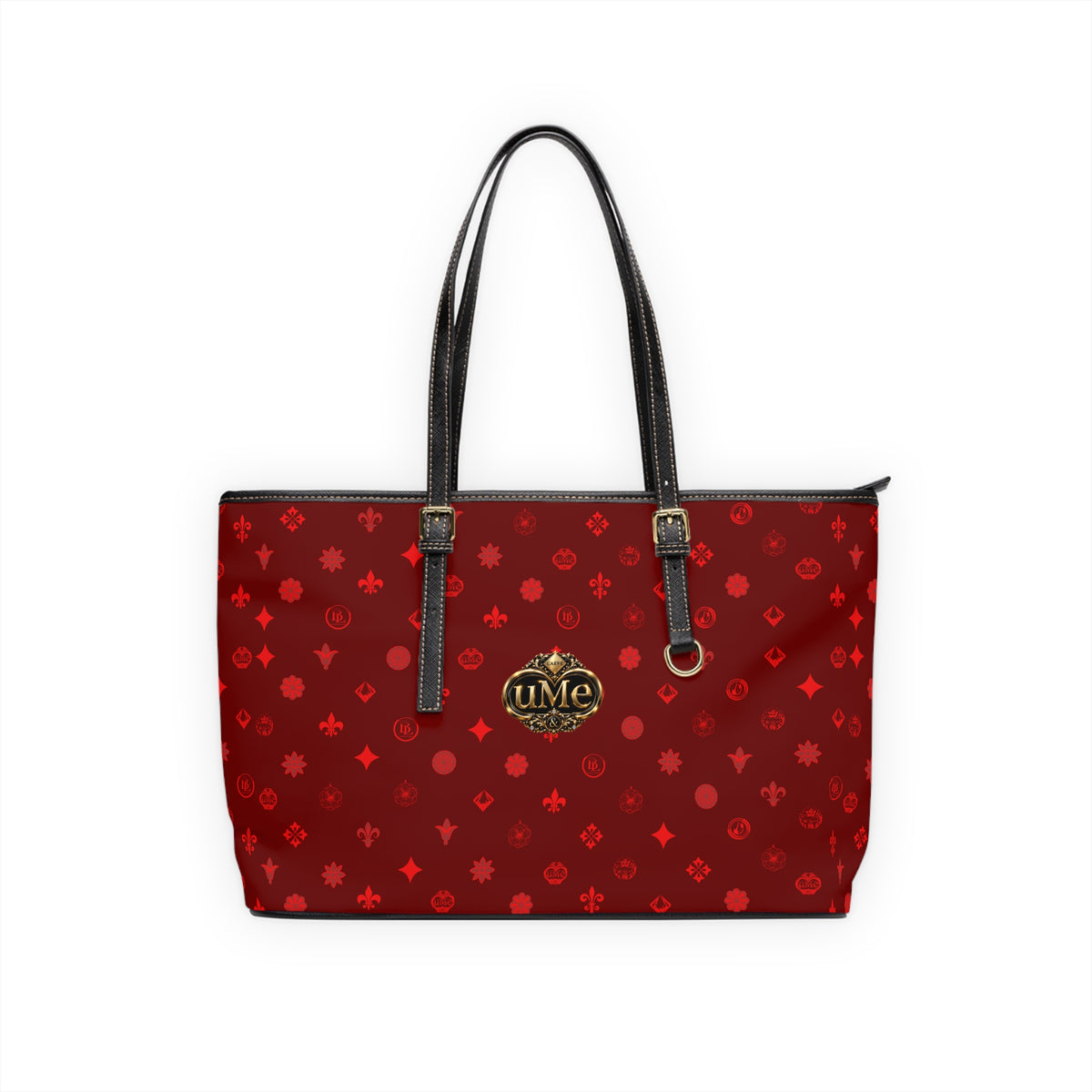 Red Monogram PU Leather Shoulder Bag — Luxe Crown Emblem Tote