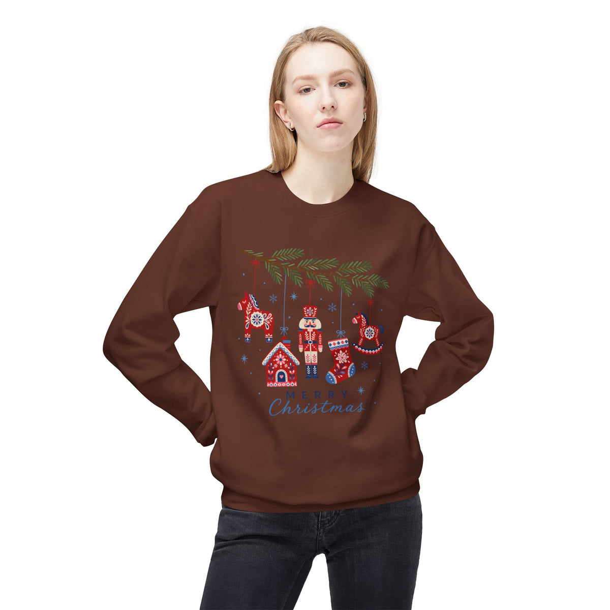Merry Christmas Scandinavian Folk Art Crewneck Sweatshirt — White, Red & More