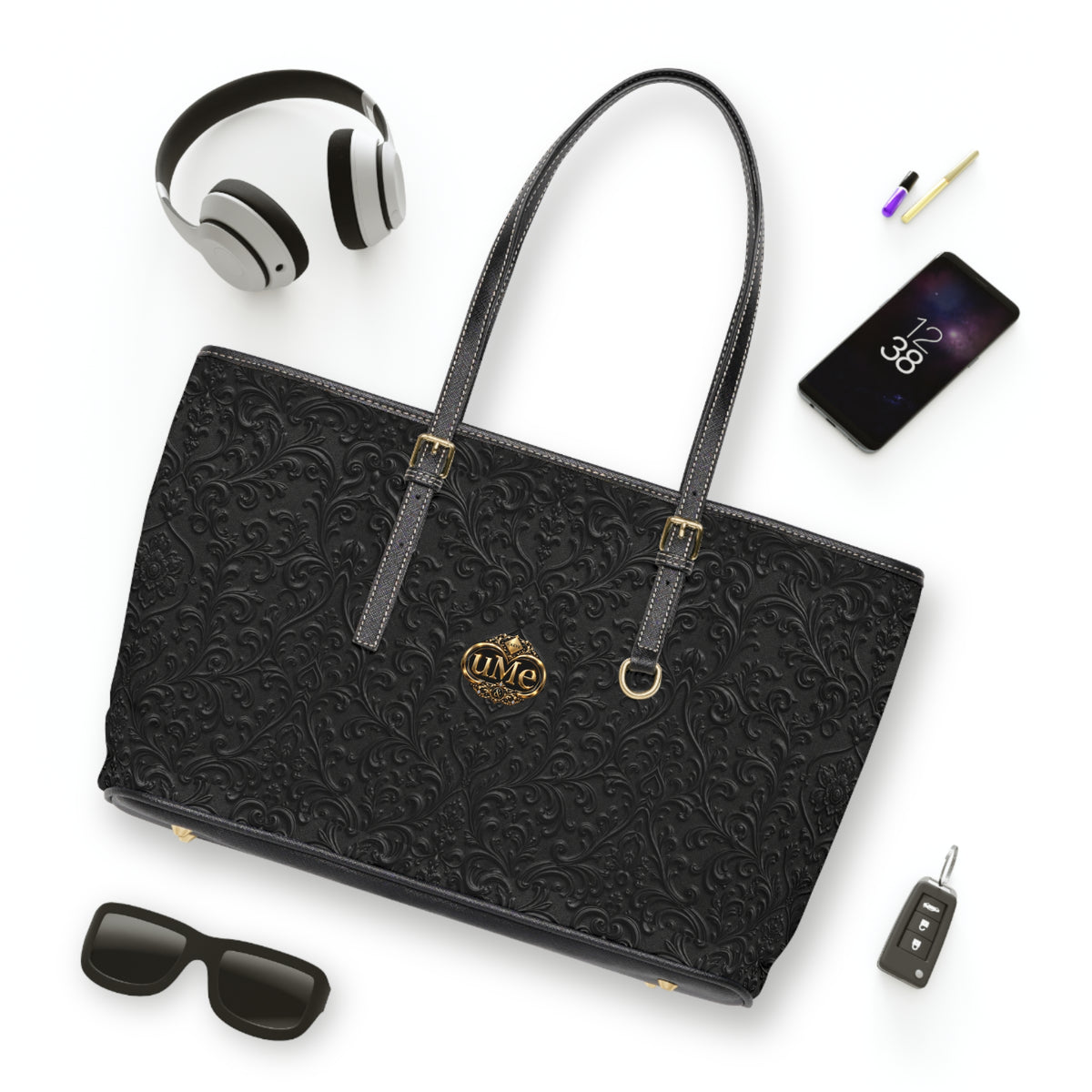 Black UME Gold Crest Shoulder Tote — PU Faux Leather Scroll Print