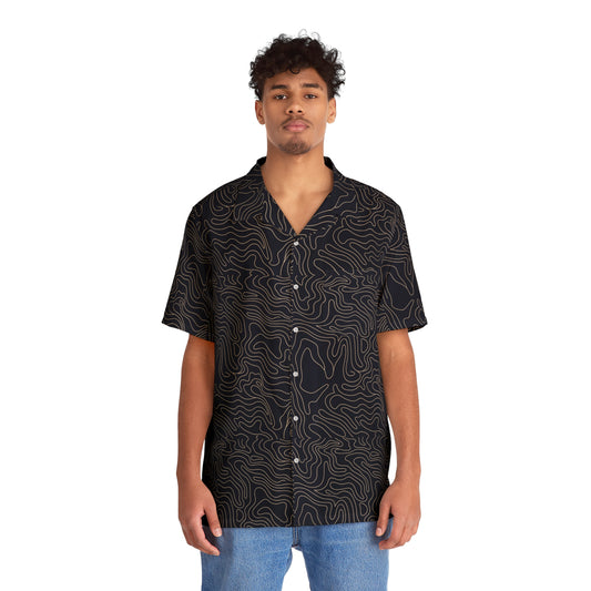 Men's Black Topographic Hawaiian Shirt — All-Over Print Casual Camp Shirt