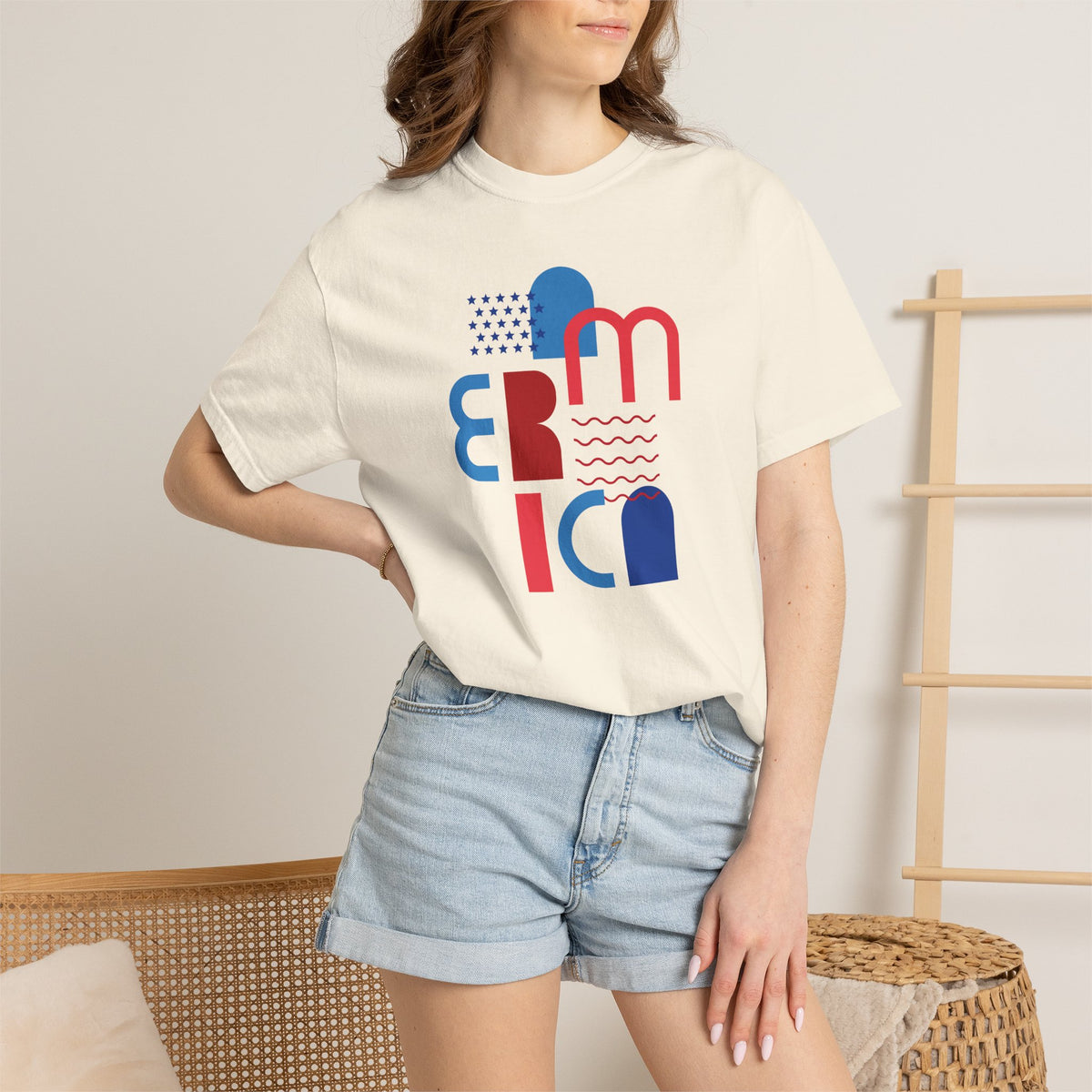 T-Shirt — Abstract 'America' Graphic Tee (Red & Blue Geometric Design)