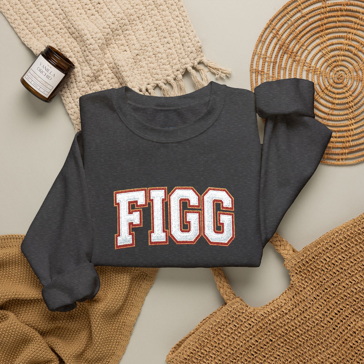 FFiGG Embroidered Collegiate Crewneck — Sport Grey, Black & More Colors