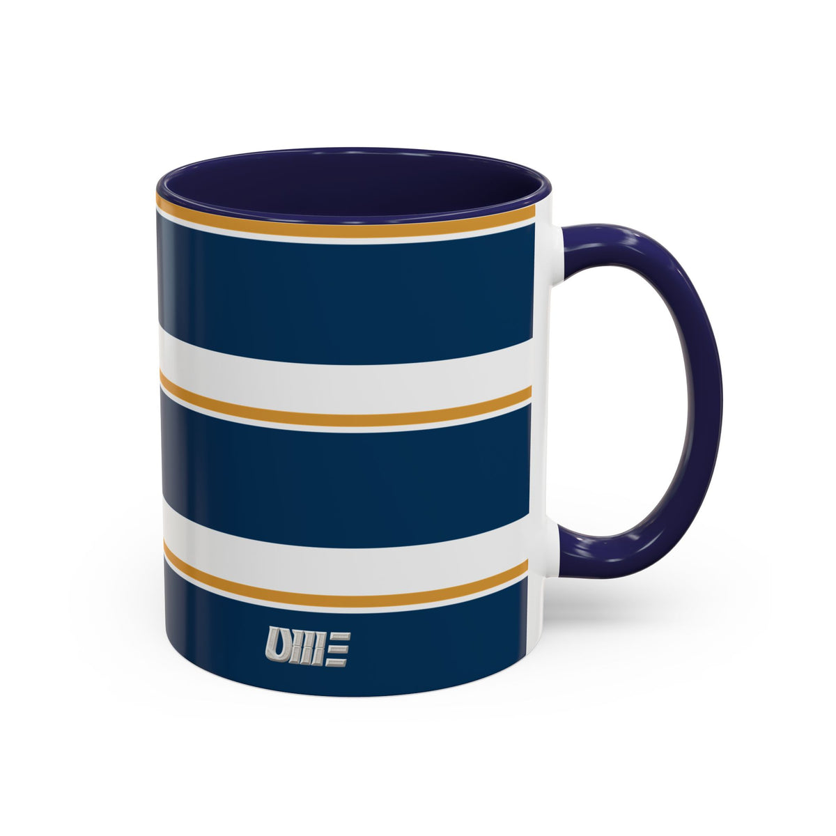 Navy and Gold Striped Accent Mug — White Ceramic