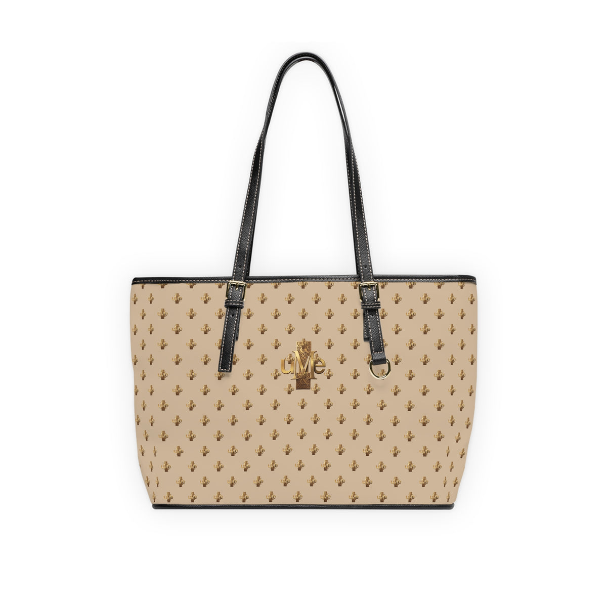 Beige PU Leather Shoulder Tote — Gold uMe Cross Logo Handbag