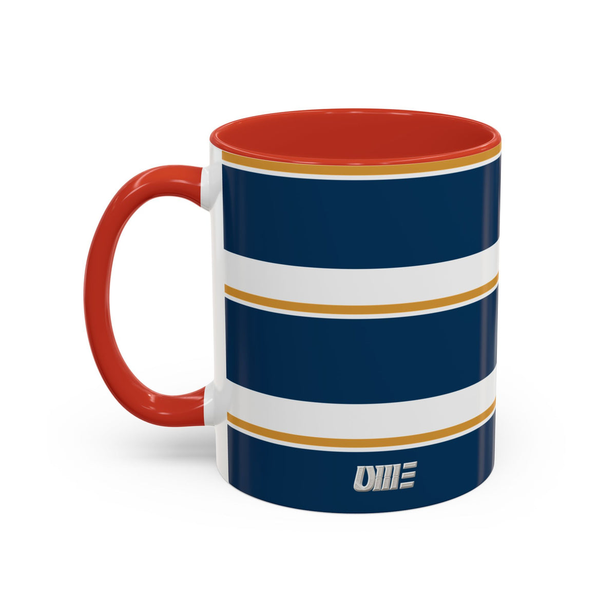 Navy and Gold Striped Accent Mug — White Ceramic