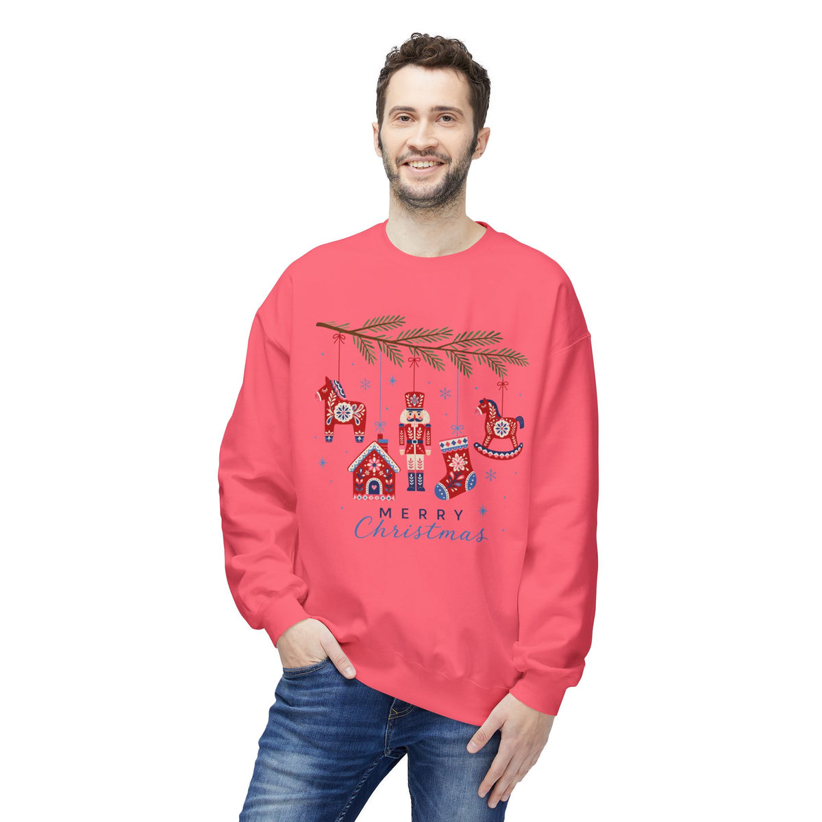 Merry Christmas Scandinavian Folk Art Crewneck Sweatshirt — White, Red & More