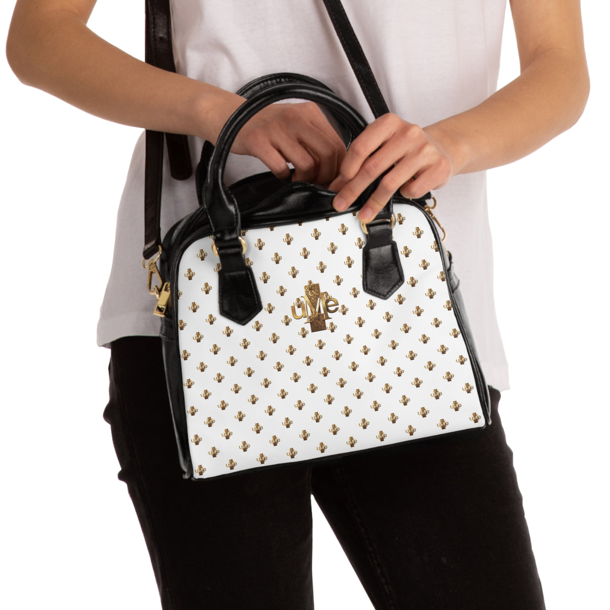White Shoulder Handbag — Faux Leather Tote with Gold uMe Cross Logo