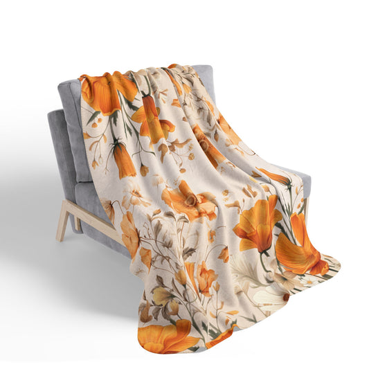 Orange Poppy Sherpa Blanket – Watercolor Floral Plush Fleece Throw