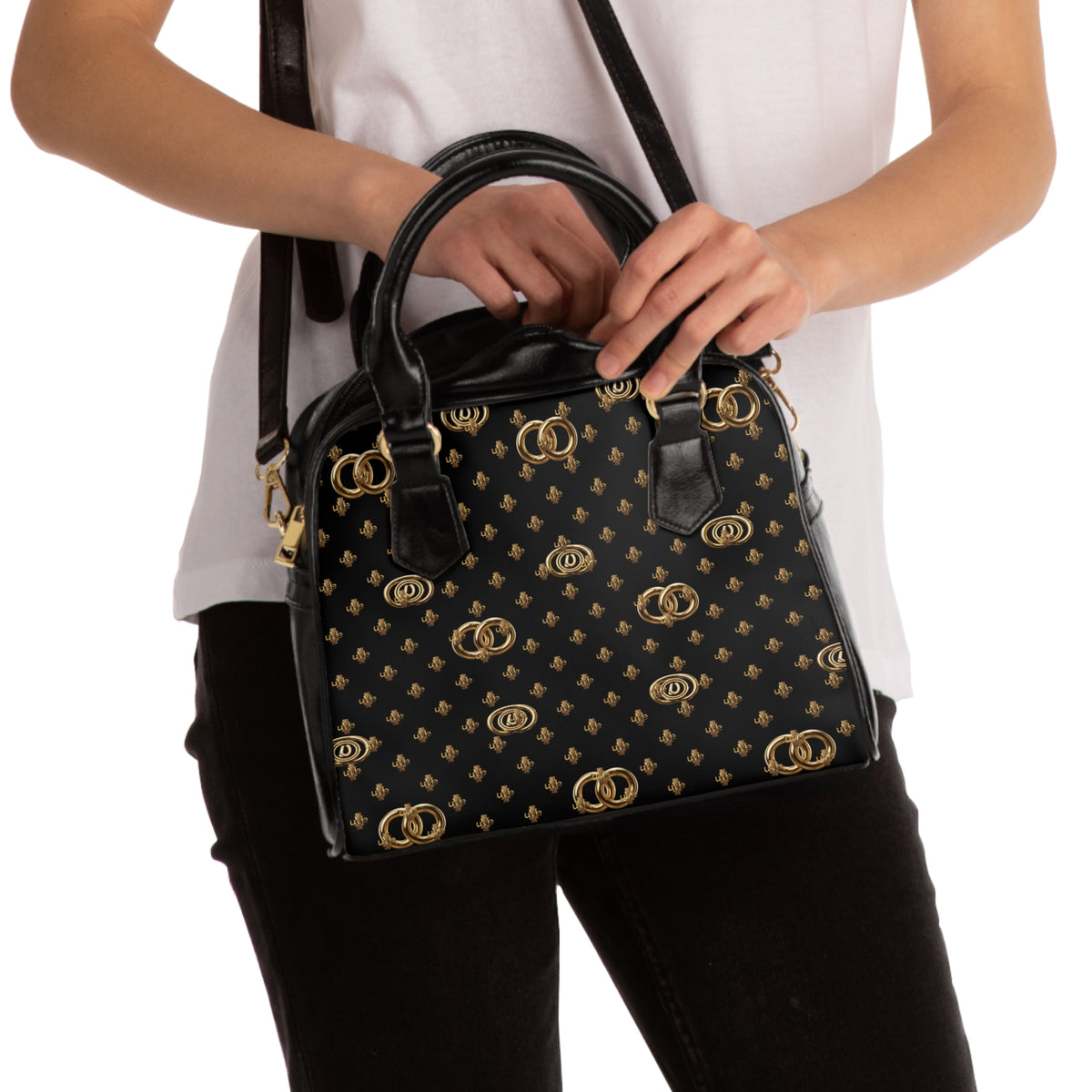Vintage Monogram Shoulder Handbag — Black & Gold Patterned Purse