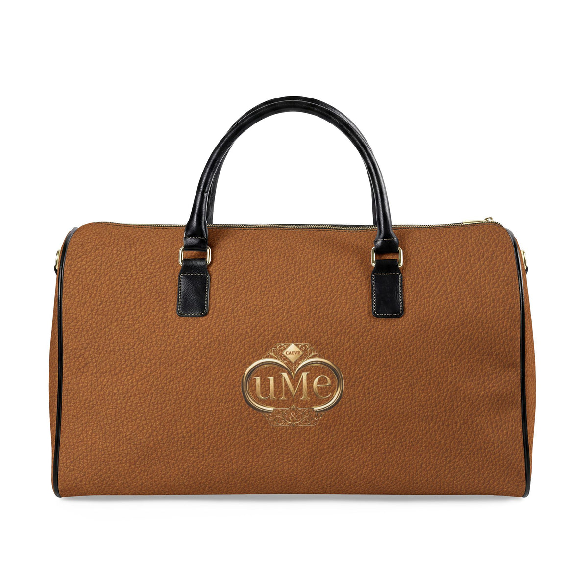 Monogrammed Faux Leather Travel Bag — Brown Weekender Duffle with Gold Crest