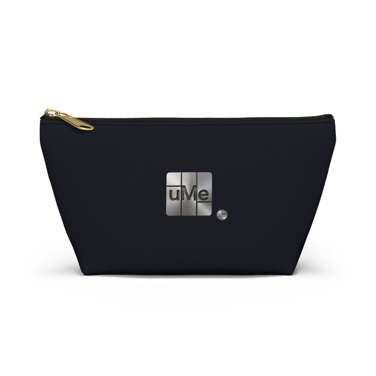 Accessory Pouch — Sleek Black T‑Bottom Cosmetic & Tech Organizer with Metallic 'uMe' Logo