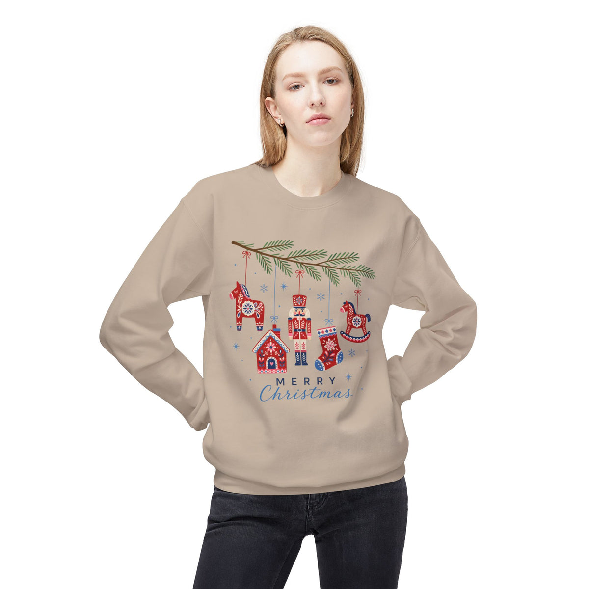 Merry Christmas Scandinavian Folk Art Crewneck Sweatshirt — White, Red & More