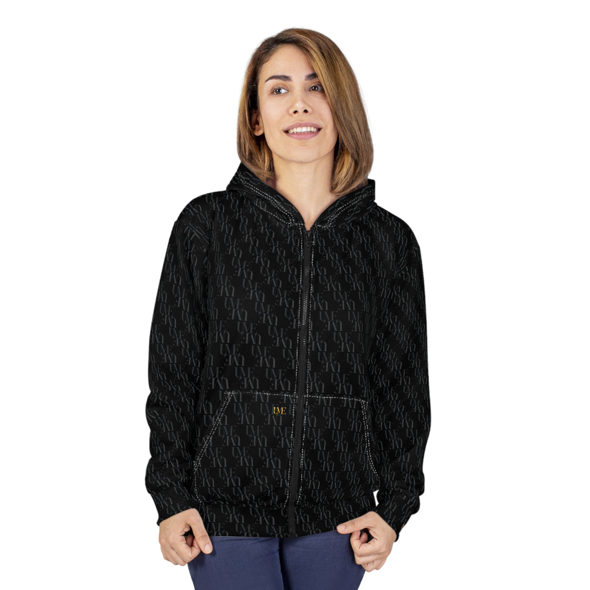 Black Textured Zip Hoodie — Black Monogram All-Over Print