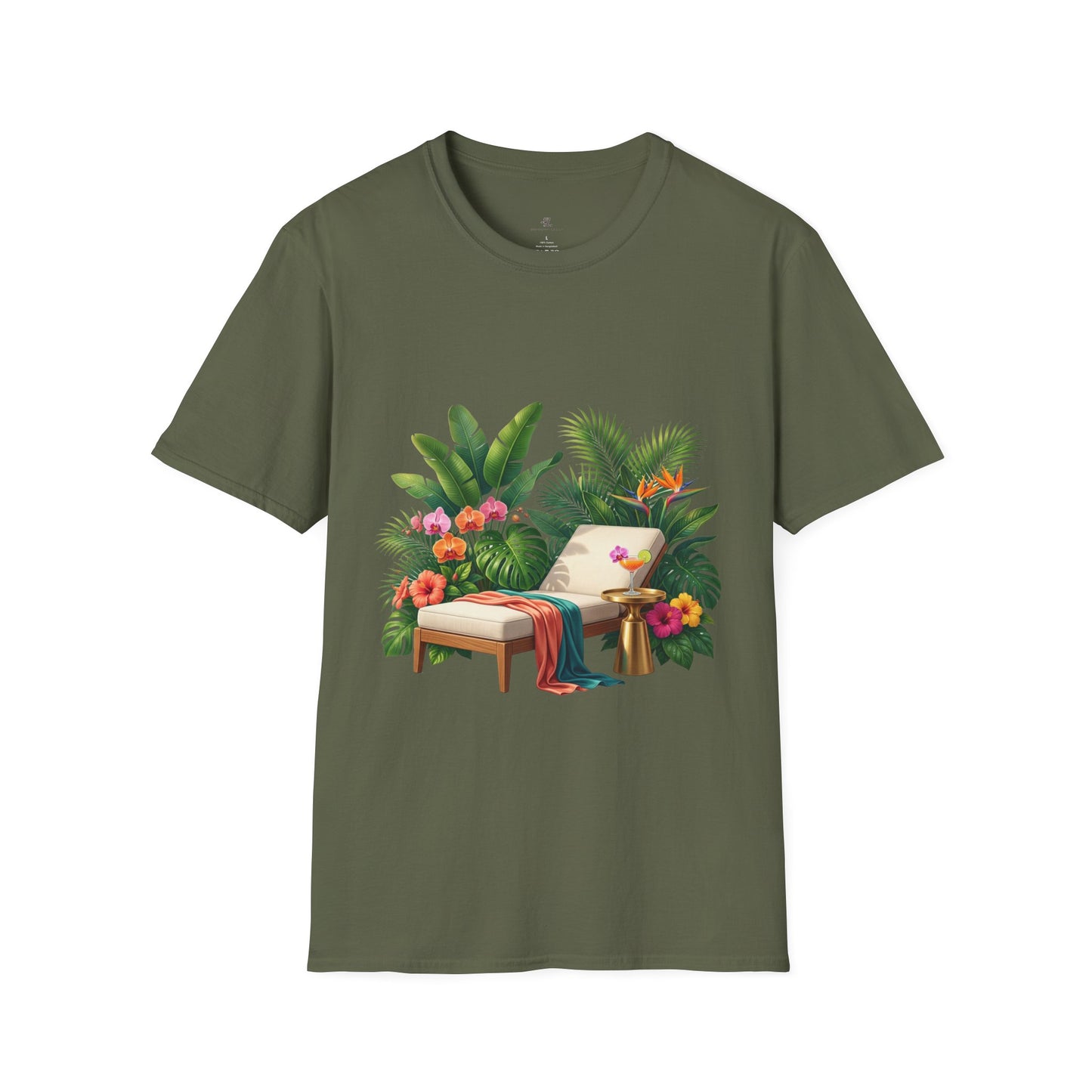 Tropical Lounge T-Shirt — Cozy Chair & Palm Floral Graphic Tee