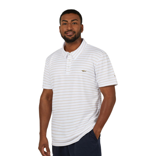 Striped Casual Polo Shirt — Unisex White & Grey Horizontal Stripe Knit