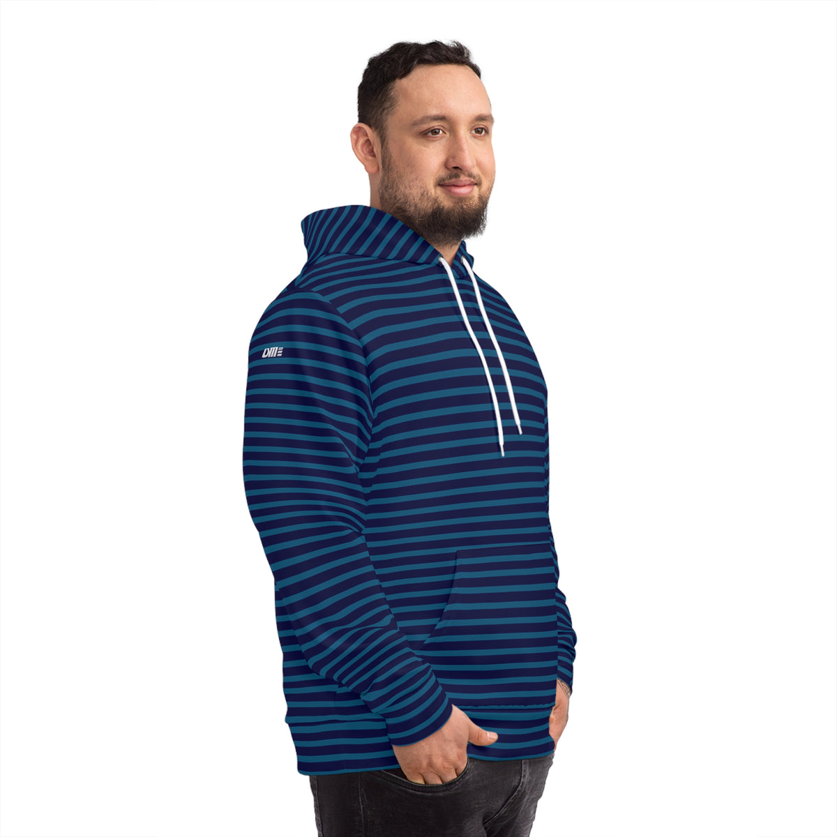 Blue Striped Fashion Hoodie — Navy UME All-Over Print Casual Pullover