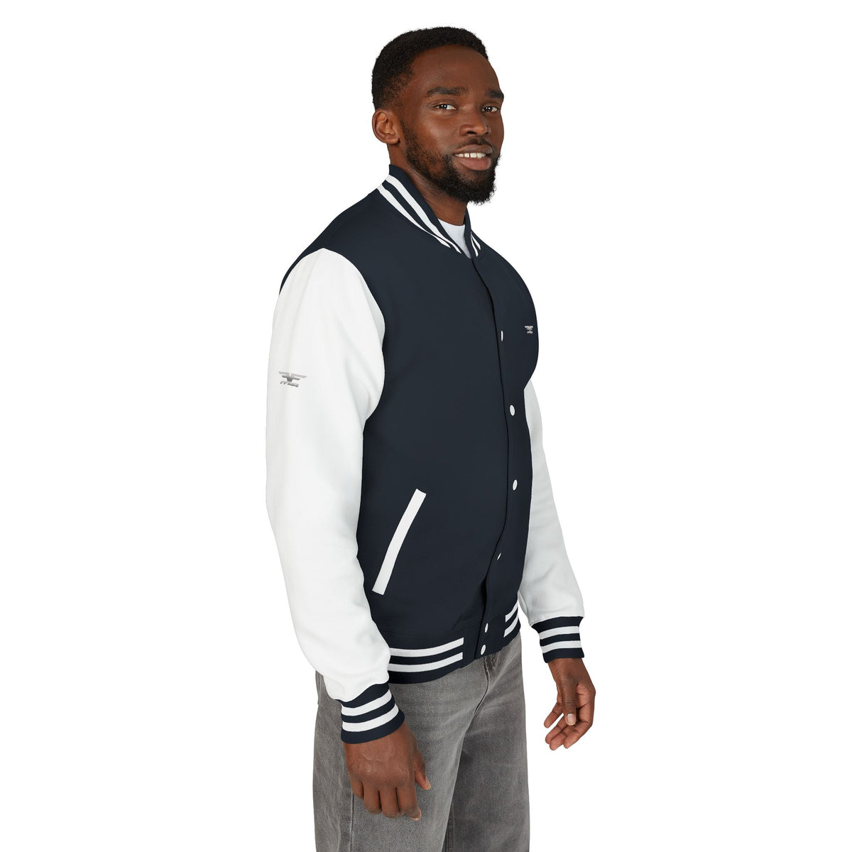 Black and White Varsity Jacket with Winged Logo