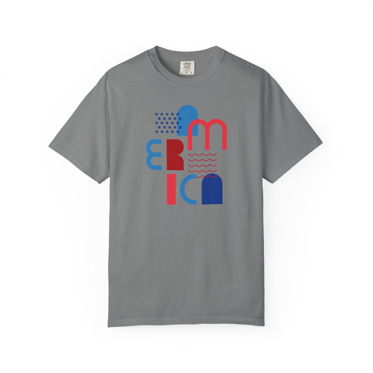T-Shirt — Abstract 'America' Graphic Tee (Red & Blue Geometric Design)