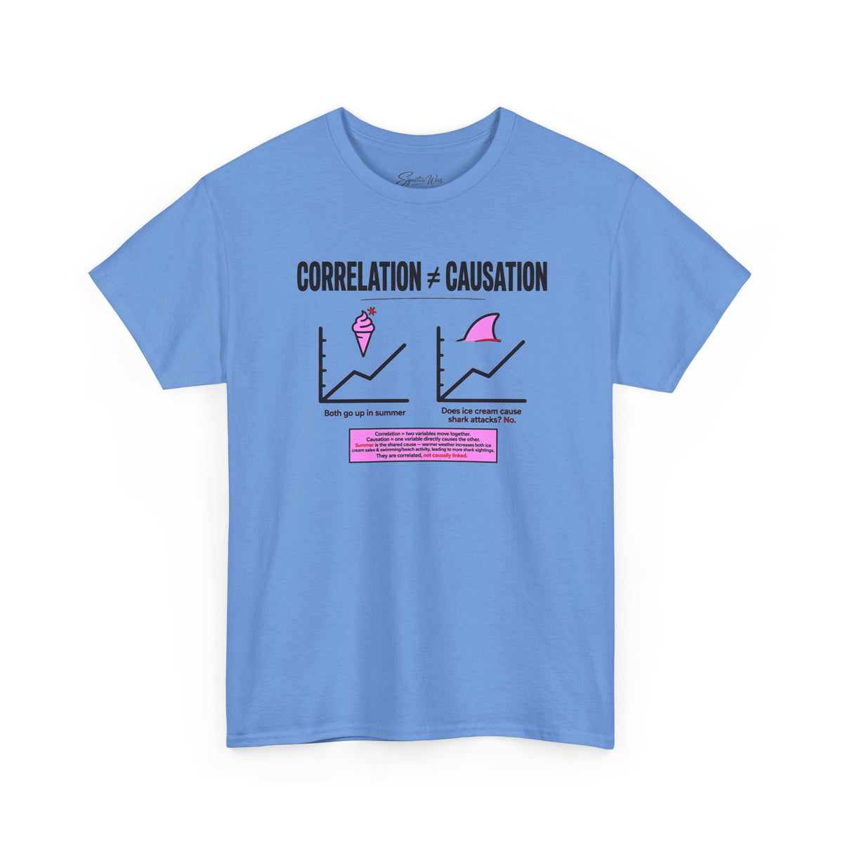 Correlation ≠ Causation Graphic Tee — White, Blue, Pink, Yellow & Neutral Bases