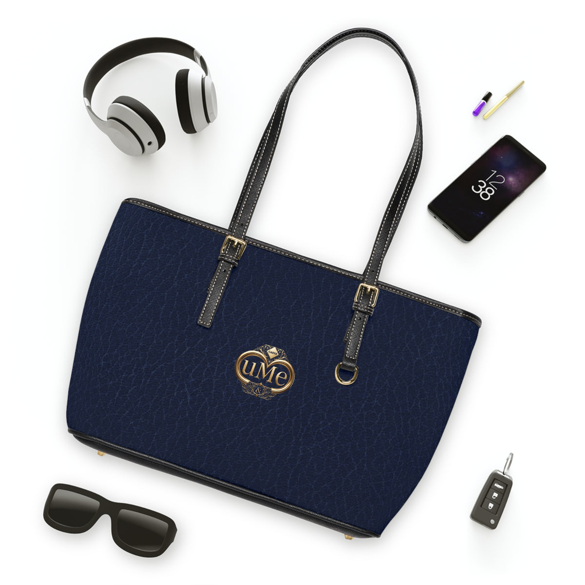Navy PU Leather Shoulder Bag with Gold Crest Accent