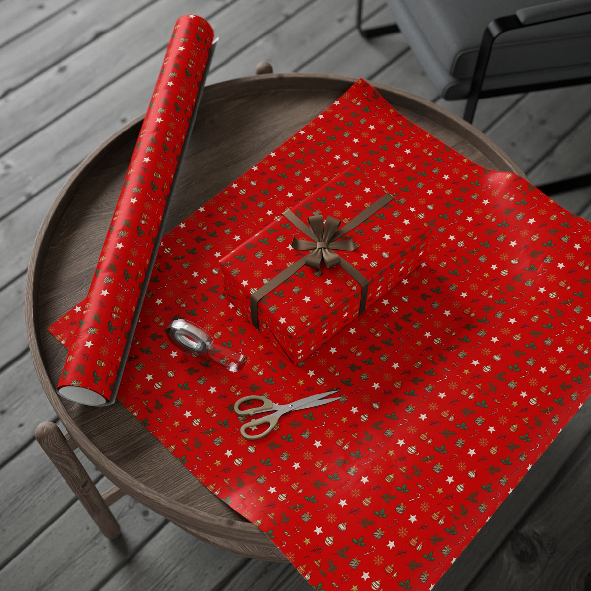 Christmas Wrapping Paper Roll — Red Holiday Ornaments Pattern