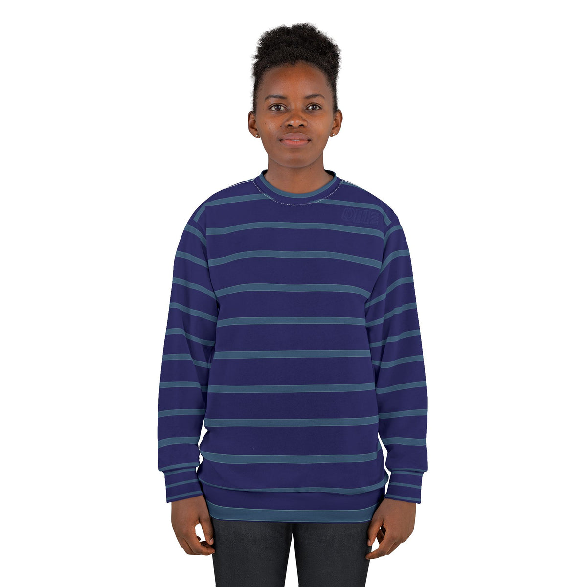 Striped Crewneck Sweatshirt — Navy & Teal All-Over Print