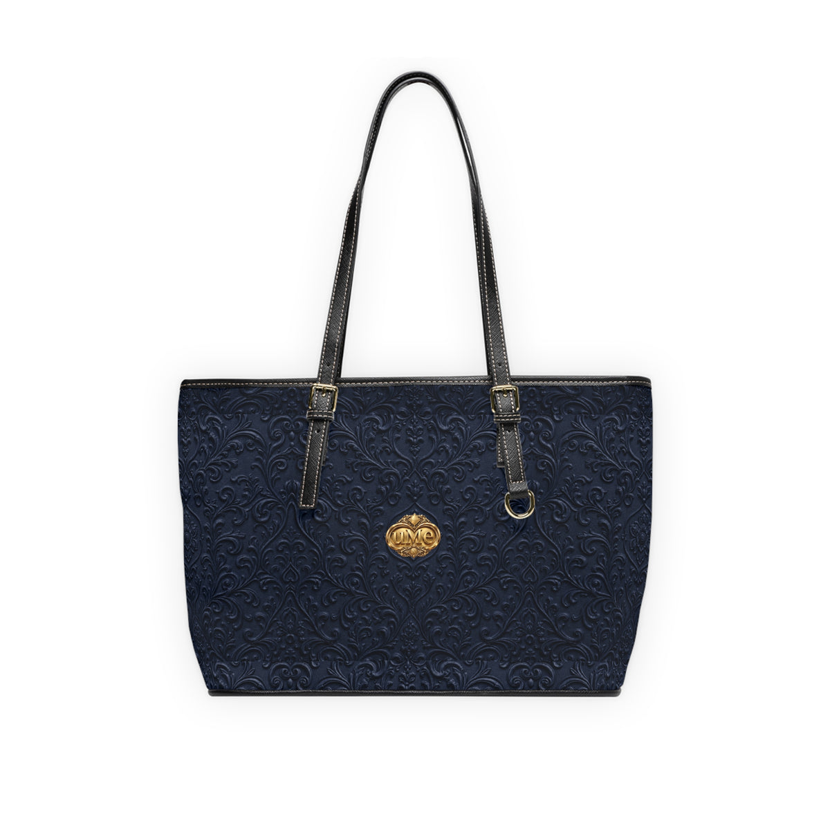 Navy UME Gold Crest Shoulder Tote — PU Faux Leather Scroll Print