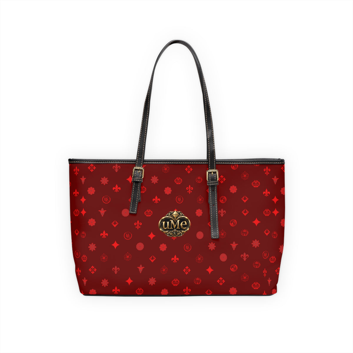 Red Monogram PU Leather Shoulder Bag — Luxe Crown Emblem Tote