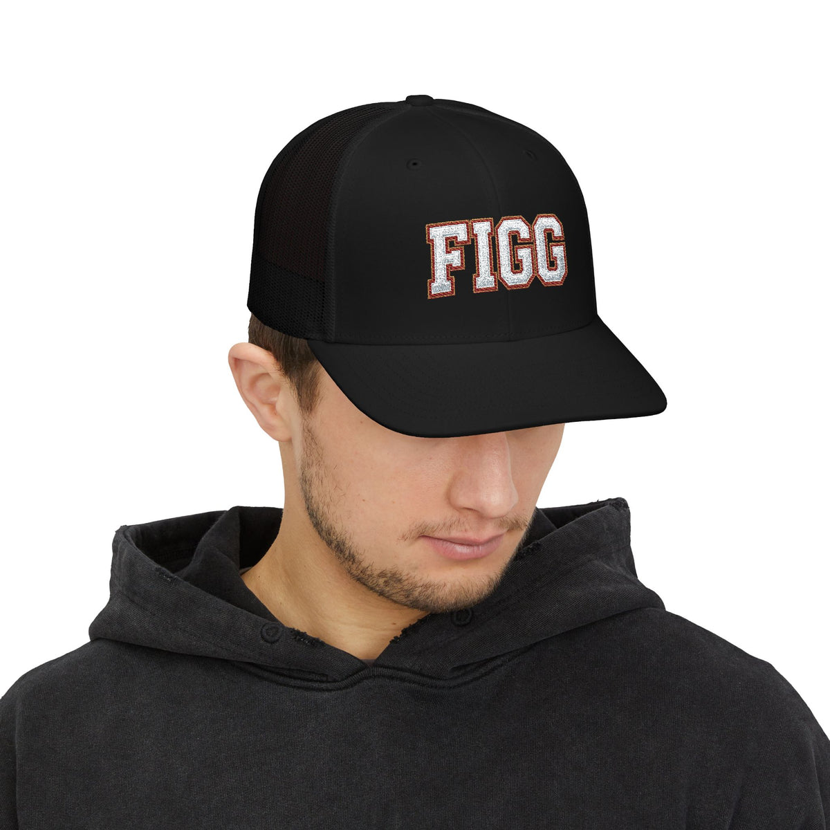 FFiGG Embroidered Vintage Trucker Cap — Black, Grey & Loden