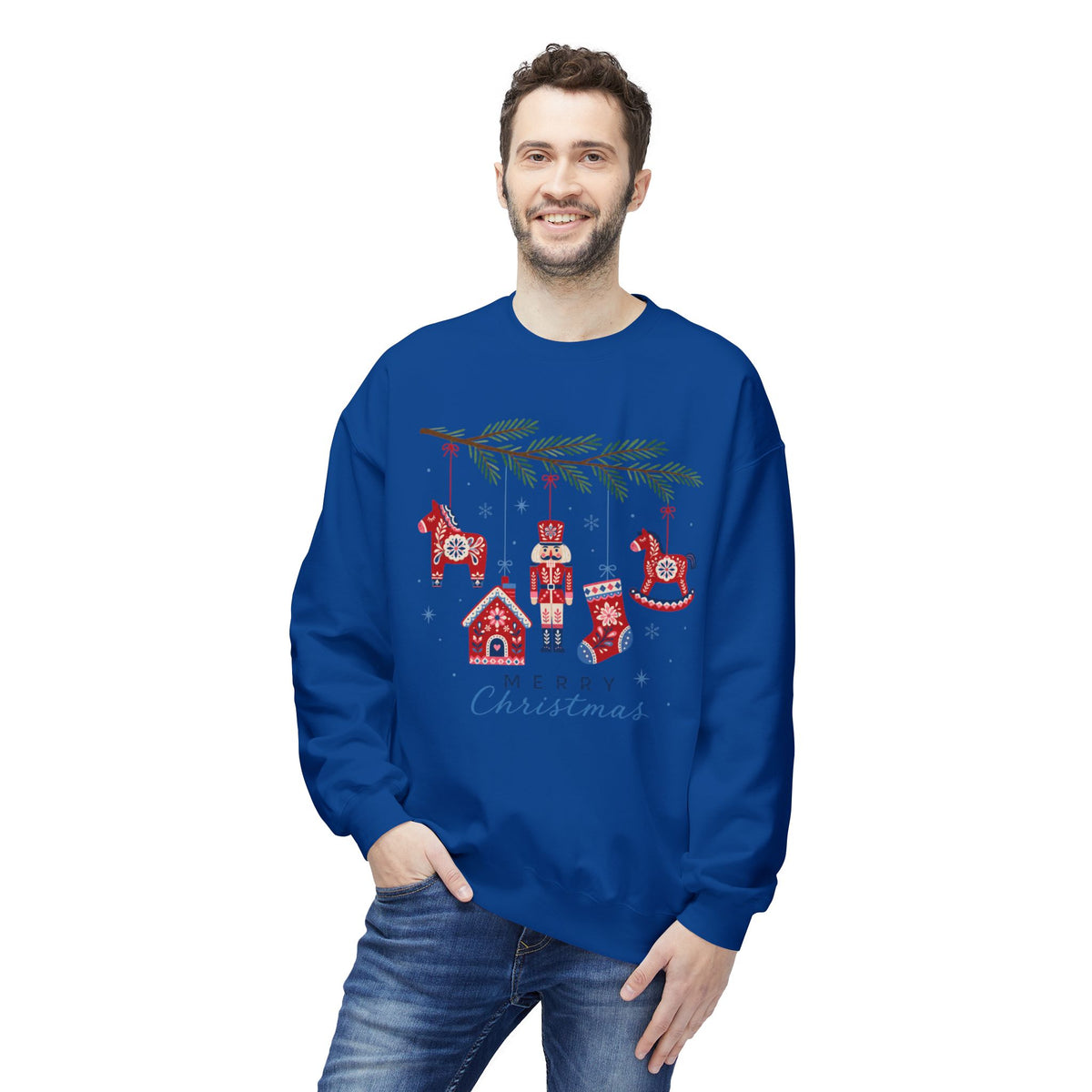 Merry Christmas Scandinavian Folk Art Crewneck Sweatshirt — White, Red & More