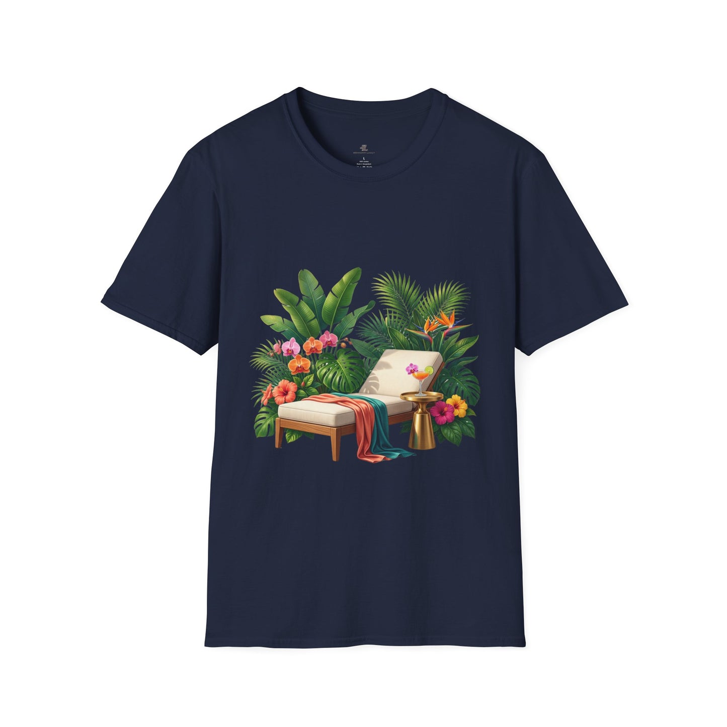 Tropical Lounge T-Shirt — Cozy Chair & Palm Floral Graphic Tee