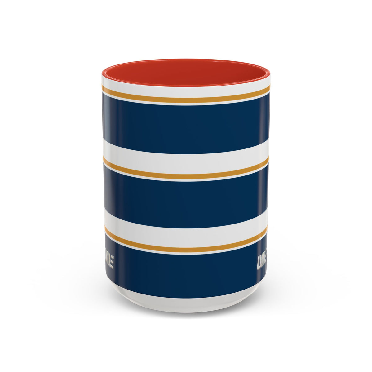 Navy and Gold Striped Accent Mug — White Ceramic