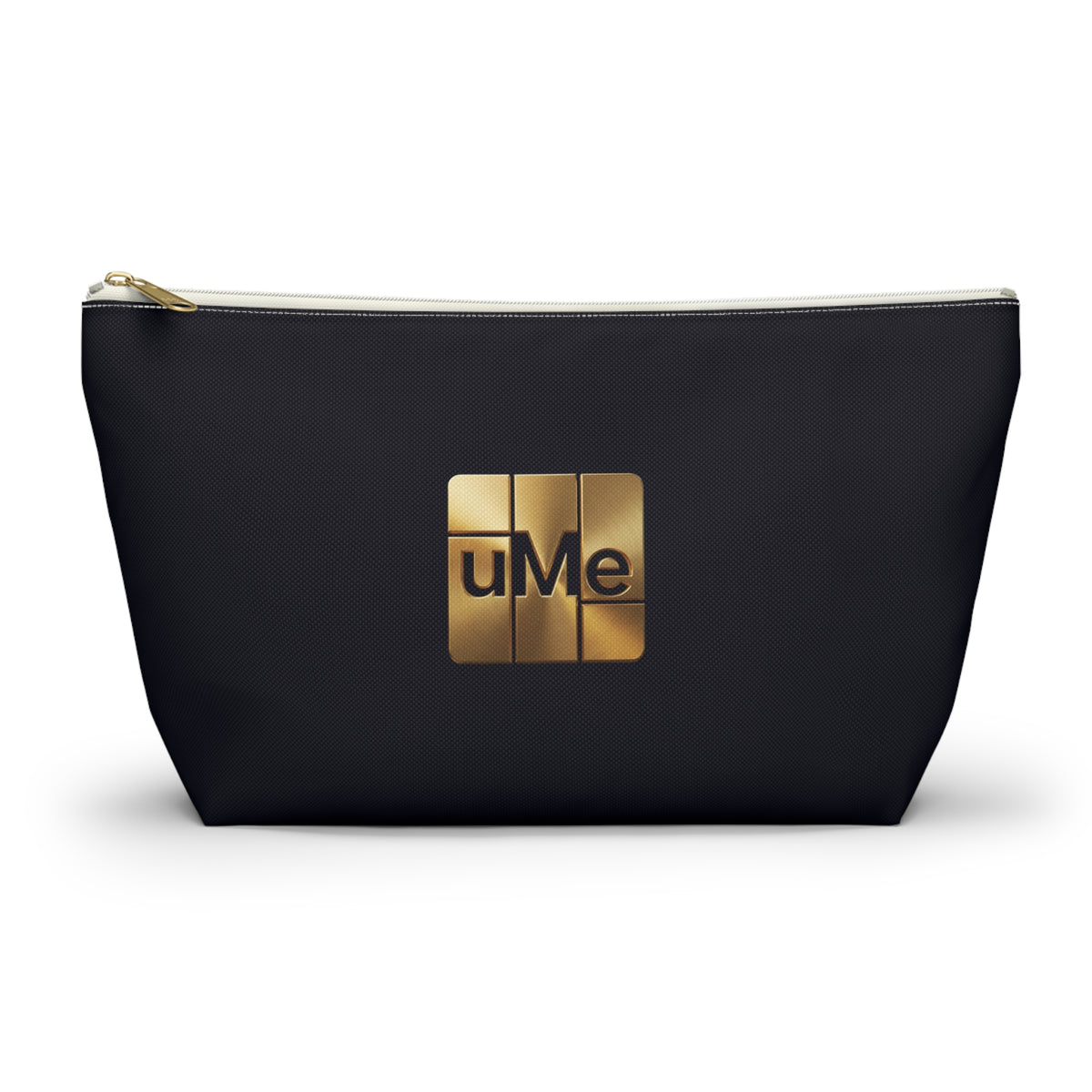 Gold uMe Logo Accessory Pouch — Black T‑Bottom Makeup & Travel Organizer