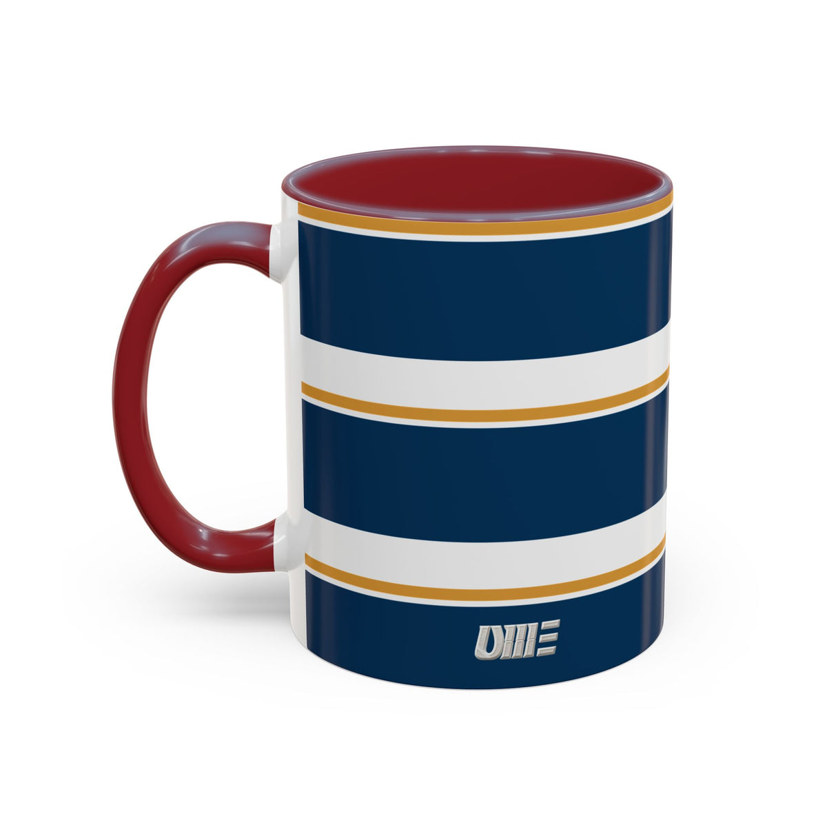 Navy and Gold Striped Accent Mug — White Ceramic