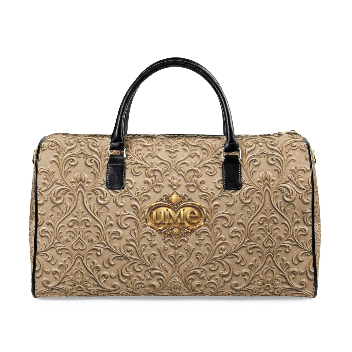 Beige Faux Leather Travel Bag — Ornate Scroll 'uMe' Weekender