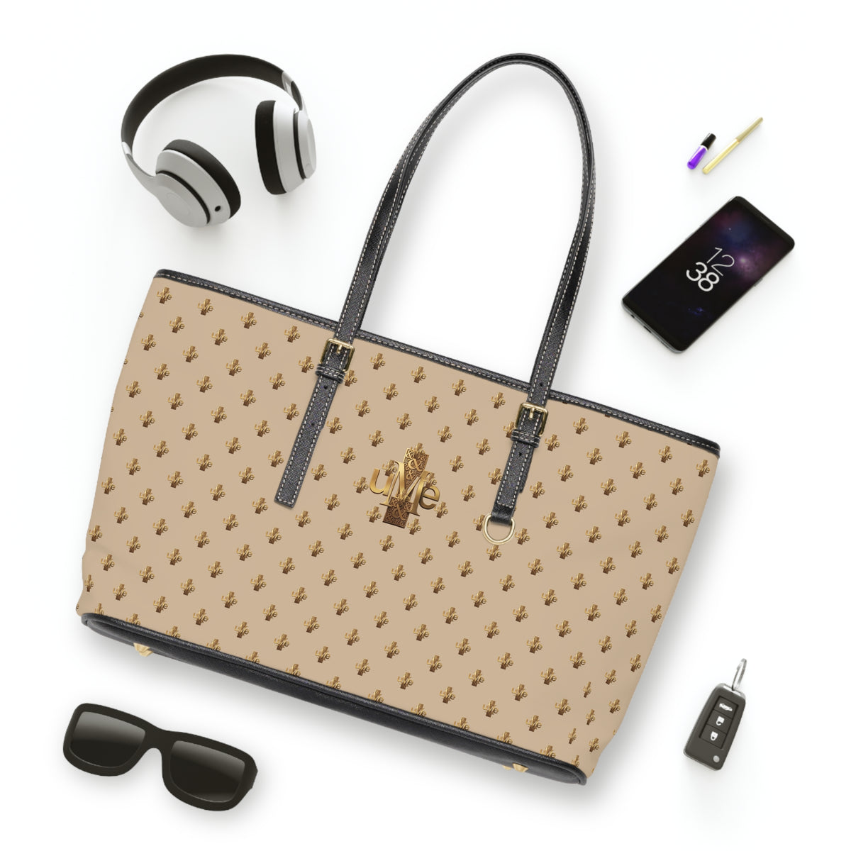 Beige PU Leather Shoulder Tote — Gold uMe Cross Logo Handbag