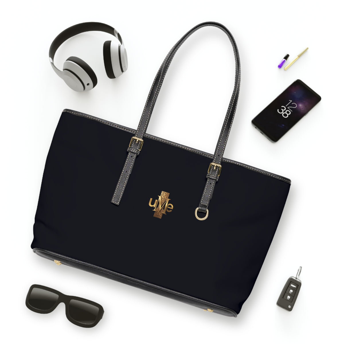 Black PU Leather Shoulder Bag with Gold Cross Logo — Elegant Tote for Everyday & Church