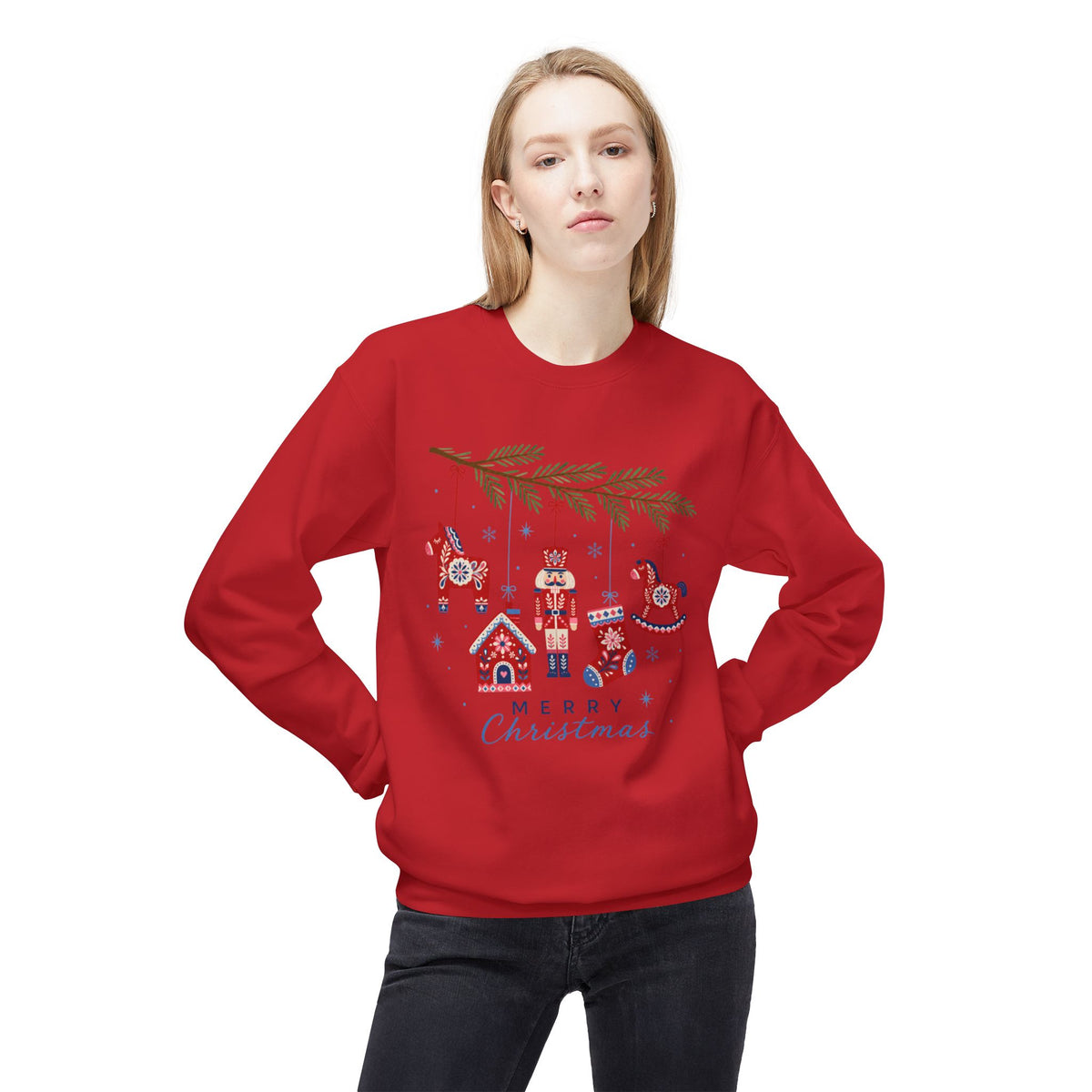 Merry Christmas Scandinavian Folk Art Crewneck Sweatshirt — White, Red & More