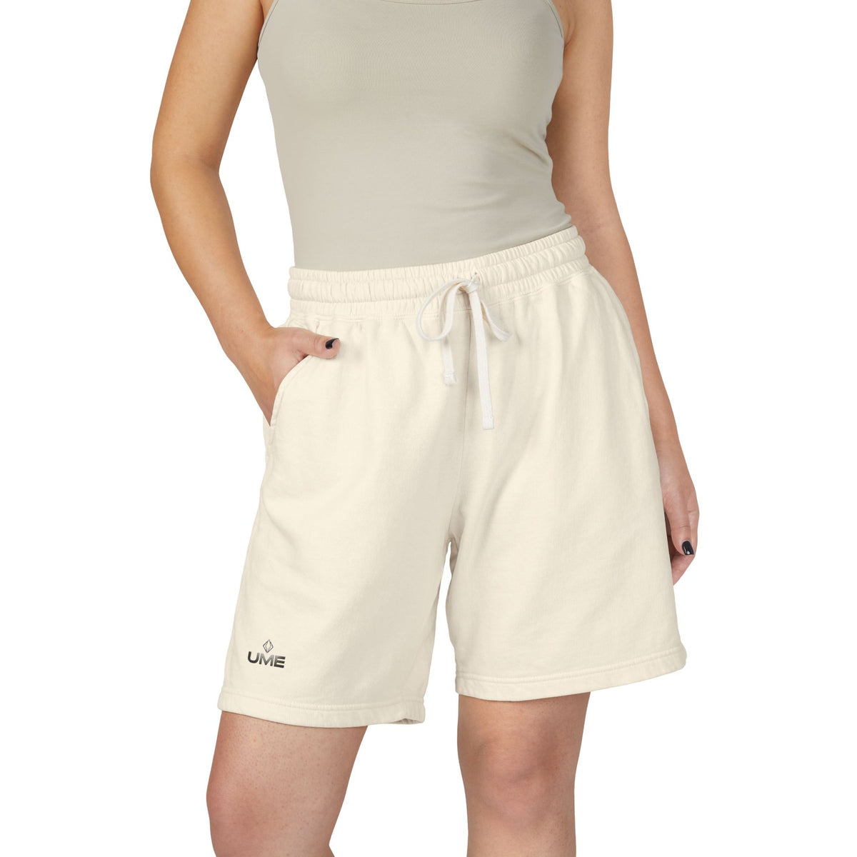 Fleece Sweat Shorts — Garment-Dyed UME Dark Grey Logo All-Over Print