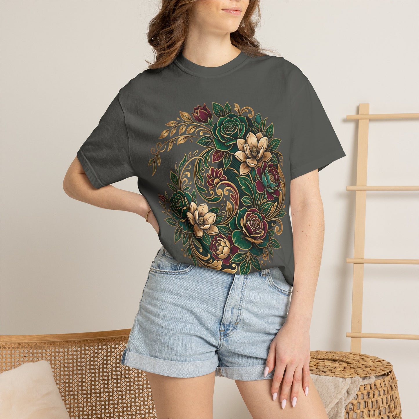 Floral Yin Yang T-Shirt — Vintage Green & Gold Rose Graphic Tee