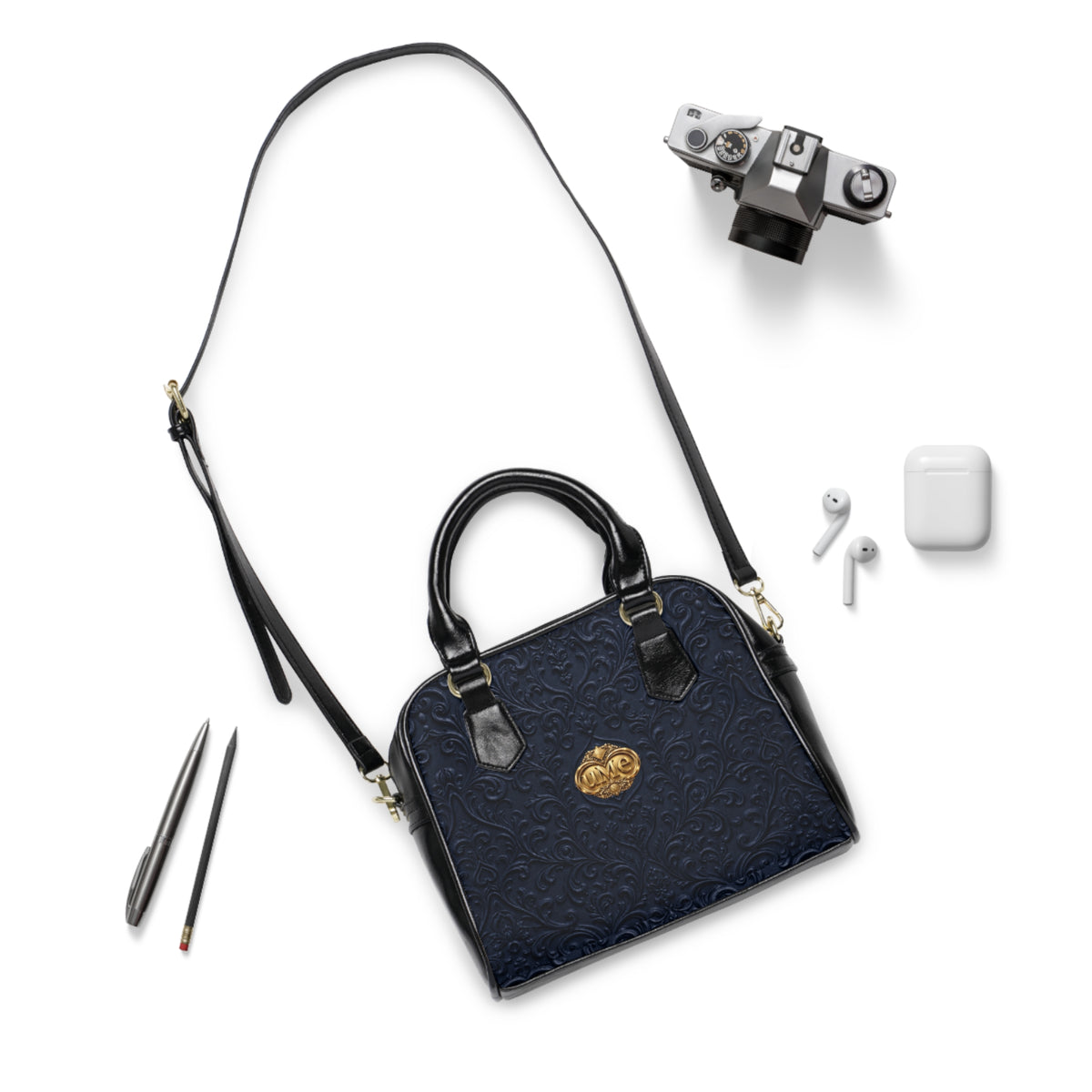 Navy UME Gold Crest Shoulder Handbag — Faux Leather Scroll Print